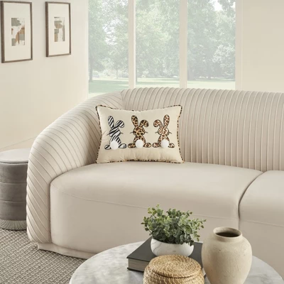 Mina Victory Holiday Applique Bunnies 14" X 20" Beige Throw Pillow 4 Mina Victory Holiday Applique Bunnies 14" X 20" Beige Throw Pillow - Image 2