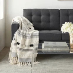 50"x60" Ribbed With Pom-Pom Throw Blanket Black/Ivory - Mina Victory 9 50"x60" Ribbed With Pom-Pom Throw Blanket Black/Ivory - Mina Victory -Decor Haven Store GUEST 5e760b63 7e1e 4ff1 b3e3 a5ef0858b96f