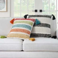 18"x18" Woven Loops Striped Square Throw Pillow With Tassels - Mina Victory