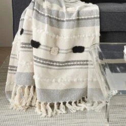 50"x60" Ribbed With Pom-Pom Throw Blanket Black/Ivory - Mina Victory