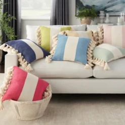 Mina Victory Life Styles Color Block Stripes With Tassel 18"x18" Indoor Throw Pillow -Decor Haven Store GUEST d2944f84 b365 4274 903b f13f29ead5c3