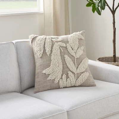 Mina Victory Life Styles Emroidered Leaves 18" X 18" Natural Indoor Pillow Cover 3 Mina Victory Life Styles Emroidered Leaves 18" X 18" Natural Indoor Pillow Cover